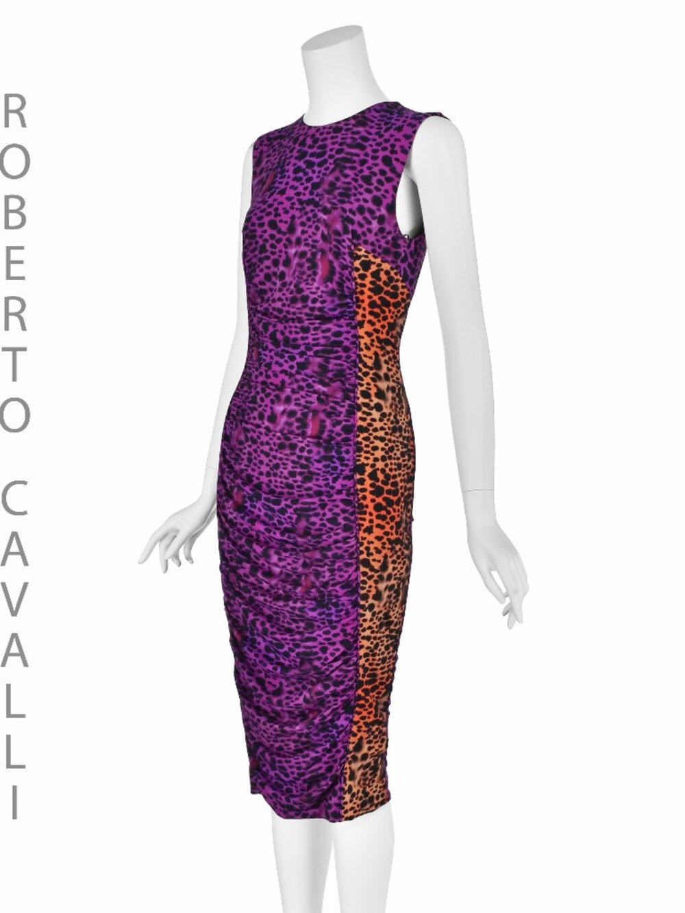 ROBERTO CAVALLI Purple & Orange Knit Leopard Print Ruched Midi Dress, SZ S NWT